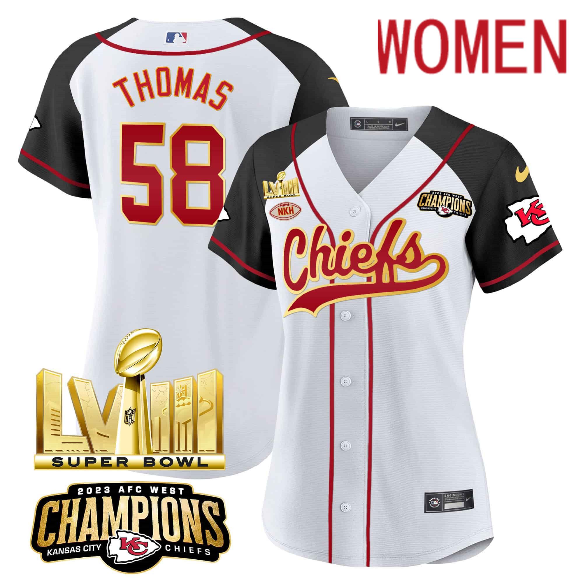 Women Kansas City Chiefs #58 Thomas White 2024 Nike Super Bowl LVIII Back-2-Back Gold Patch Baseball NFL Jersey style 1